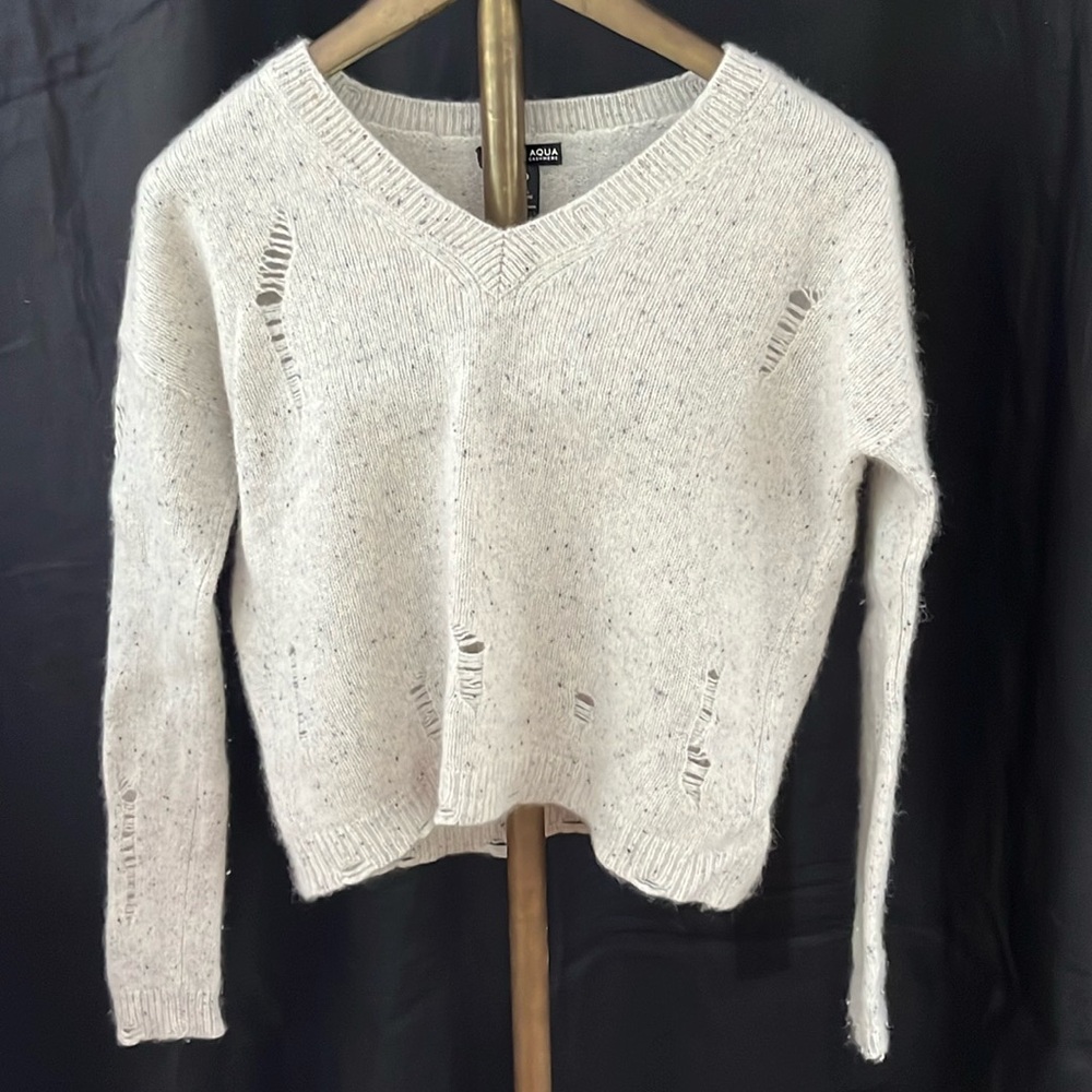 Aqua Cashmere Cropped Distressed Sweater XS